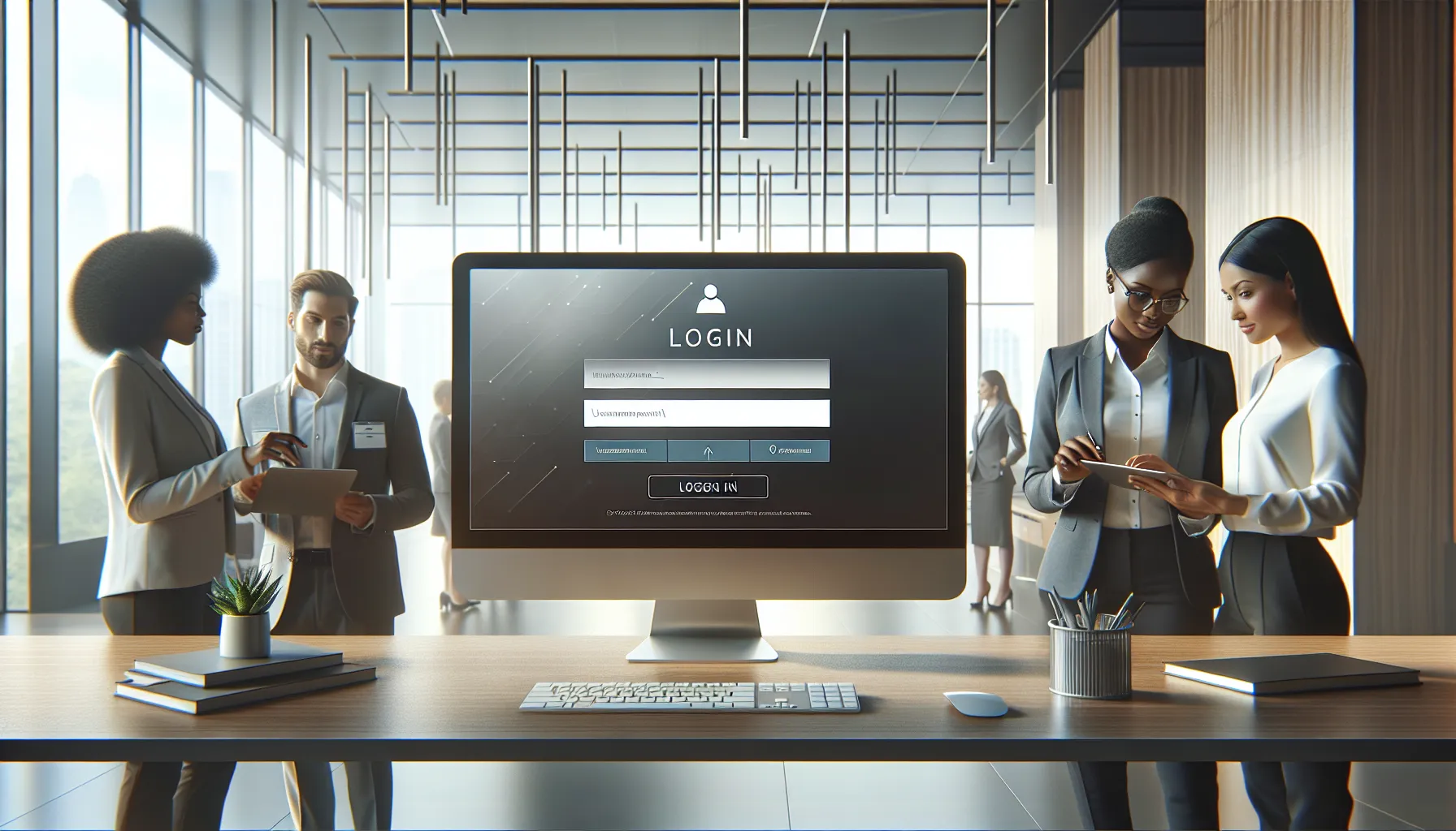 professionals collaborating at a desk with notebook and login screen.