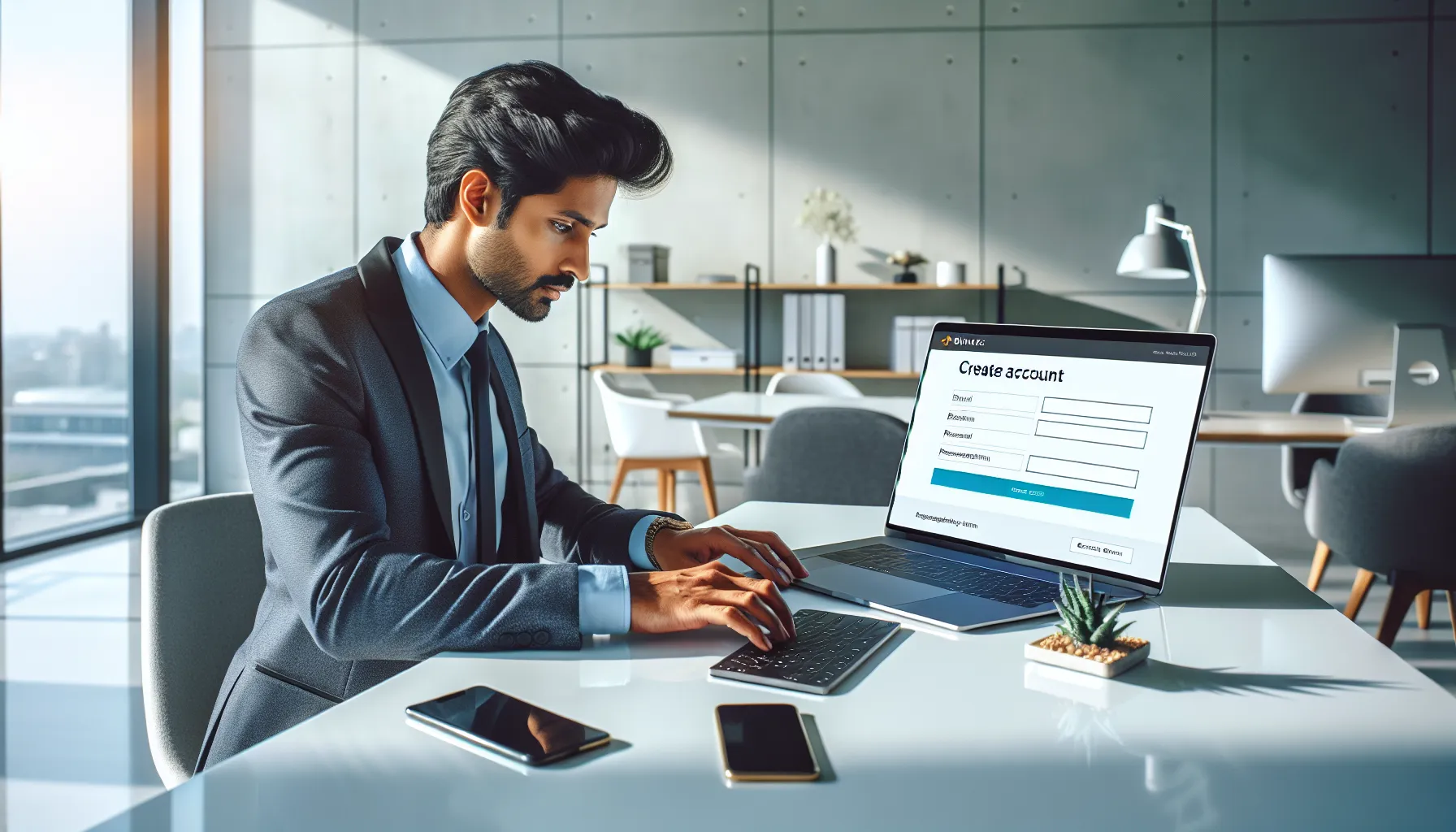 Professional at desk creating Binance account on laptop in modern office setting.