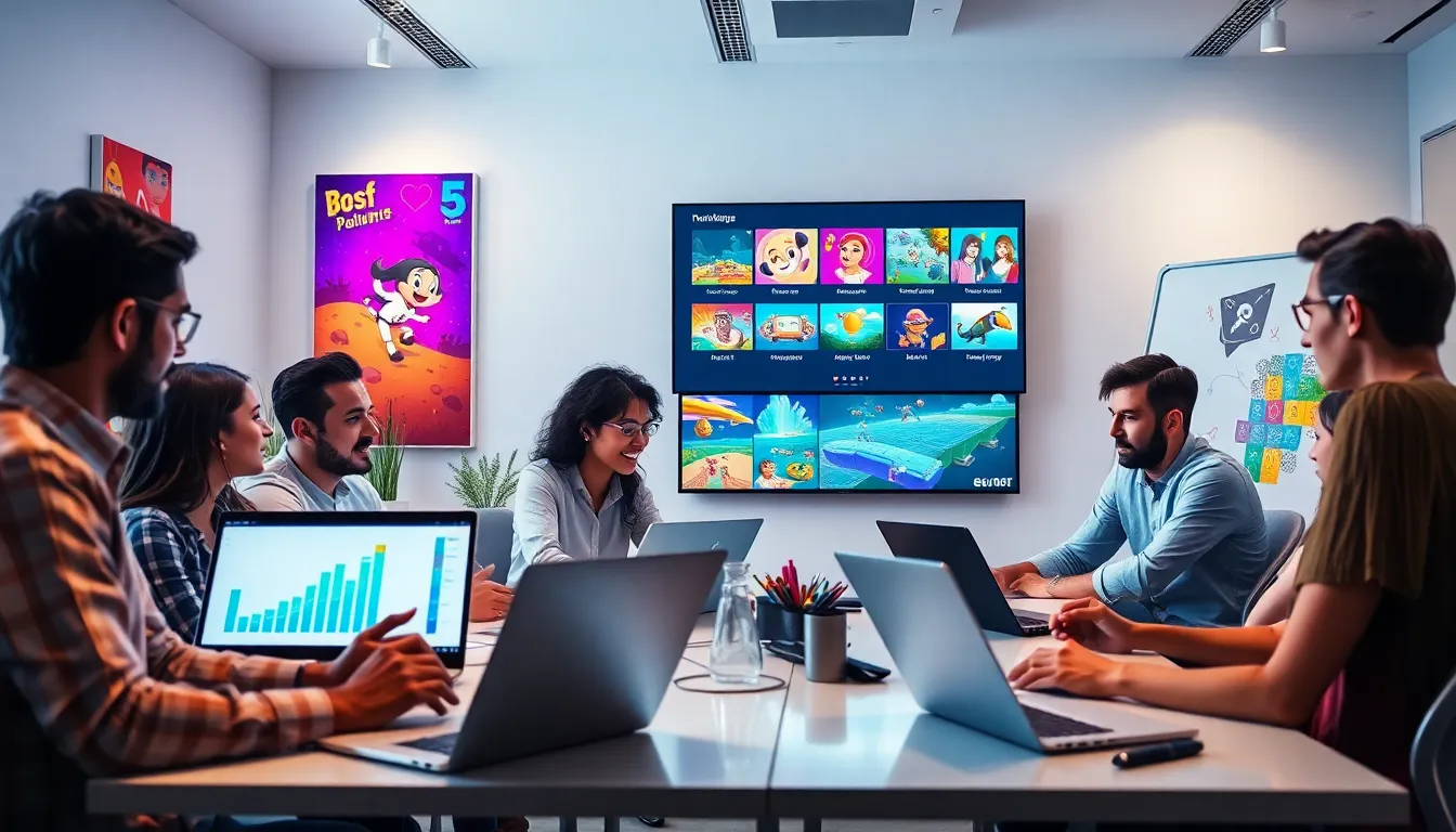 diverse team collaborating on gaming concepts in a modern workspace.