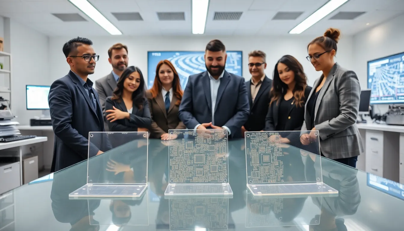 Professionals examining different types of multi-layer PCBs in a modern lab.