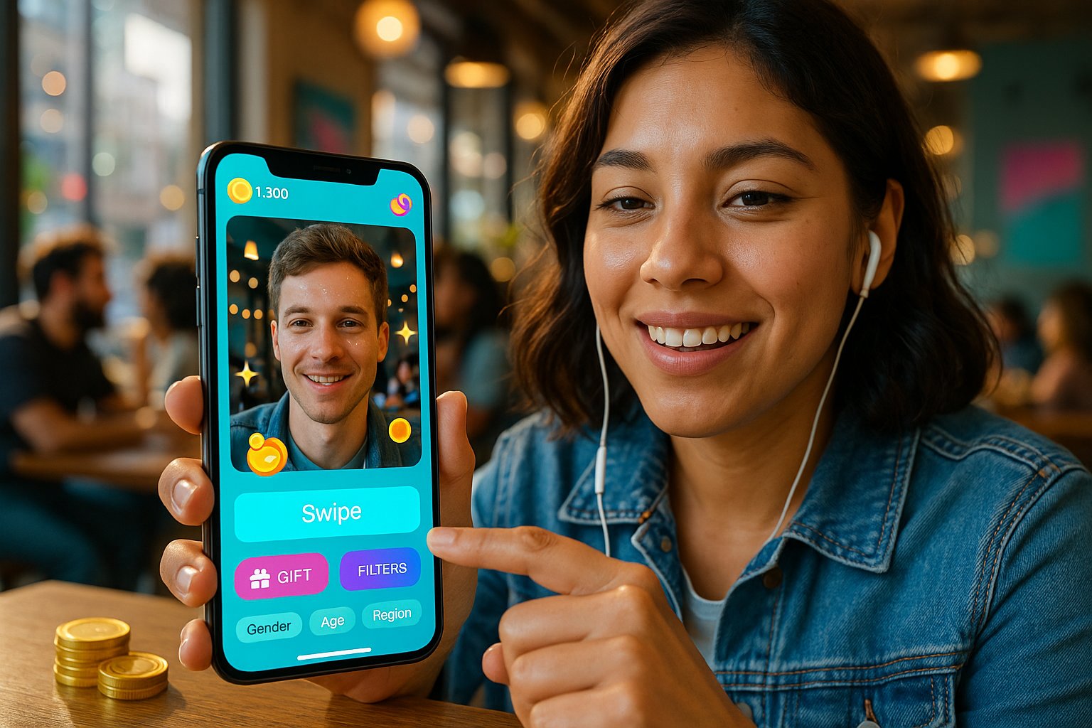 Young adult using a phone with a colorful LivU-style video chat interface.