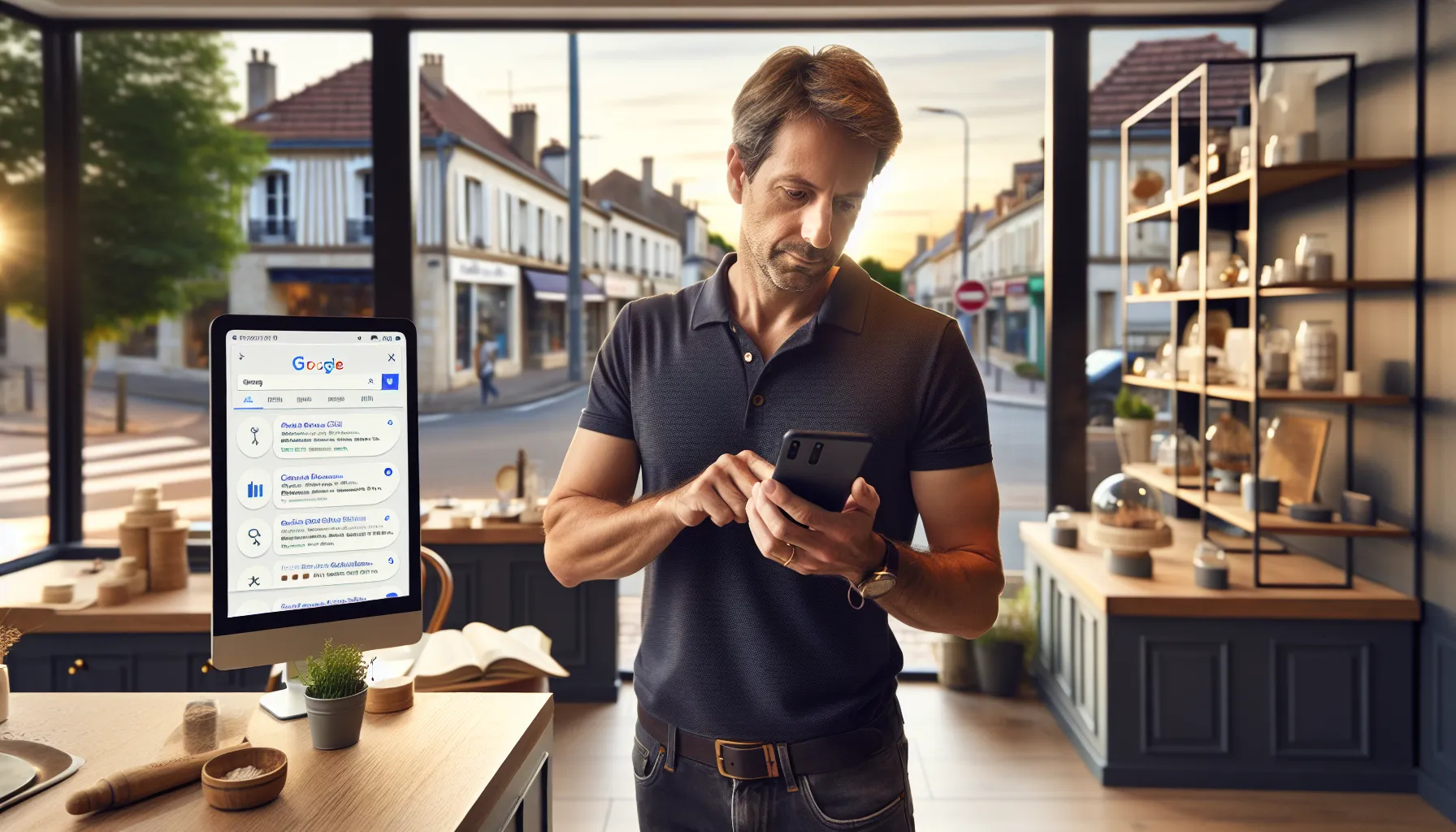 Local business owner in Chennevières-sur-Marne viewing top Google results on phone.