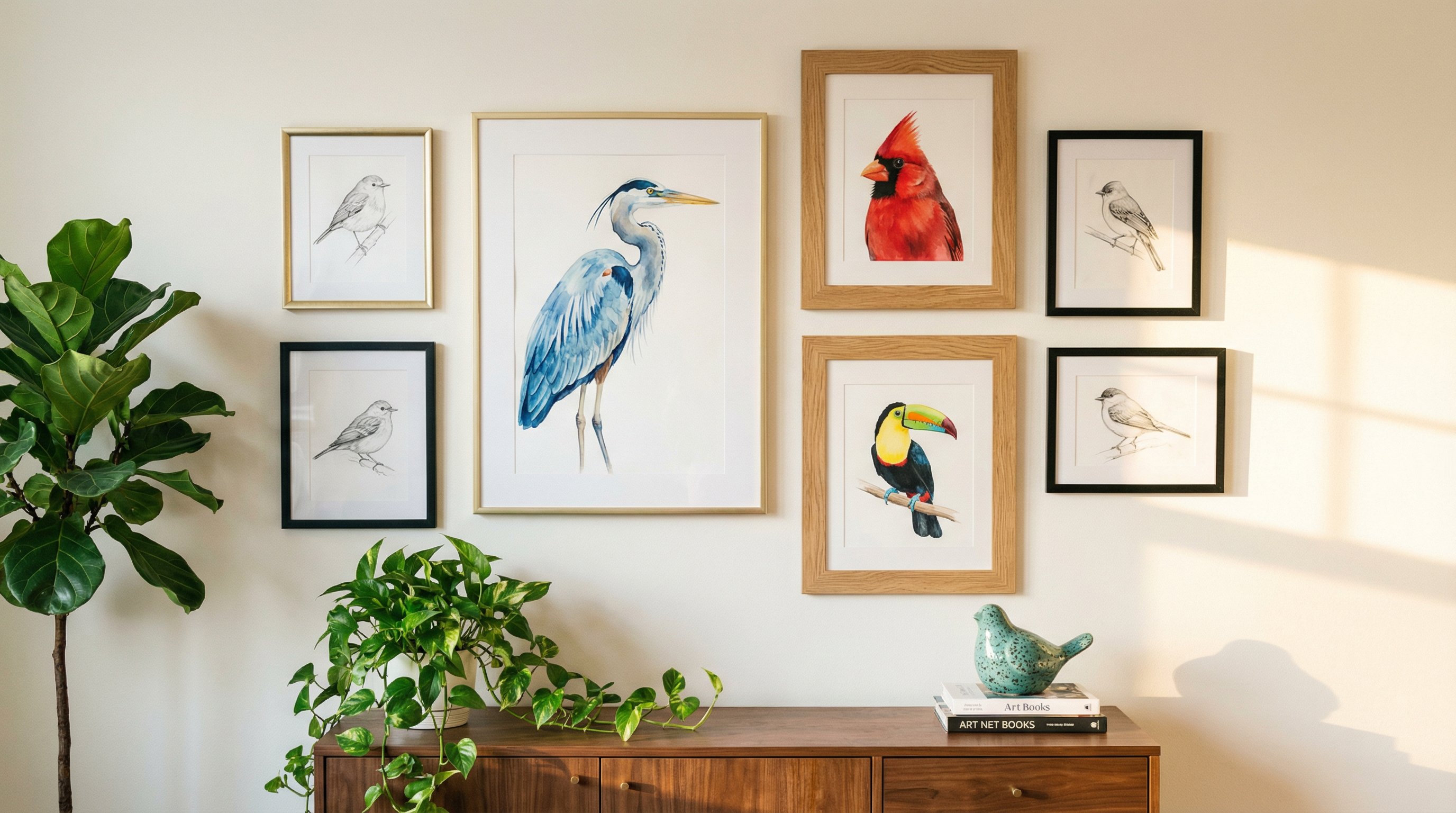 A stylish gallery wall of framed bird art prints in a bright living room.
