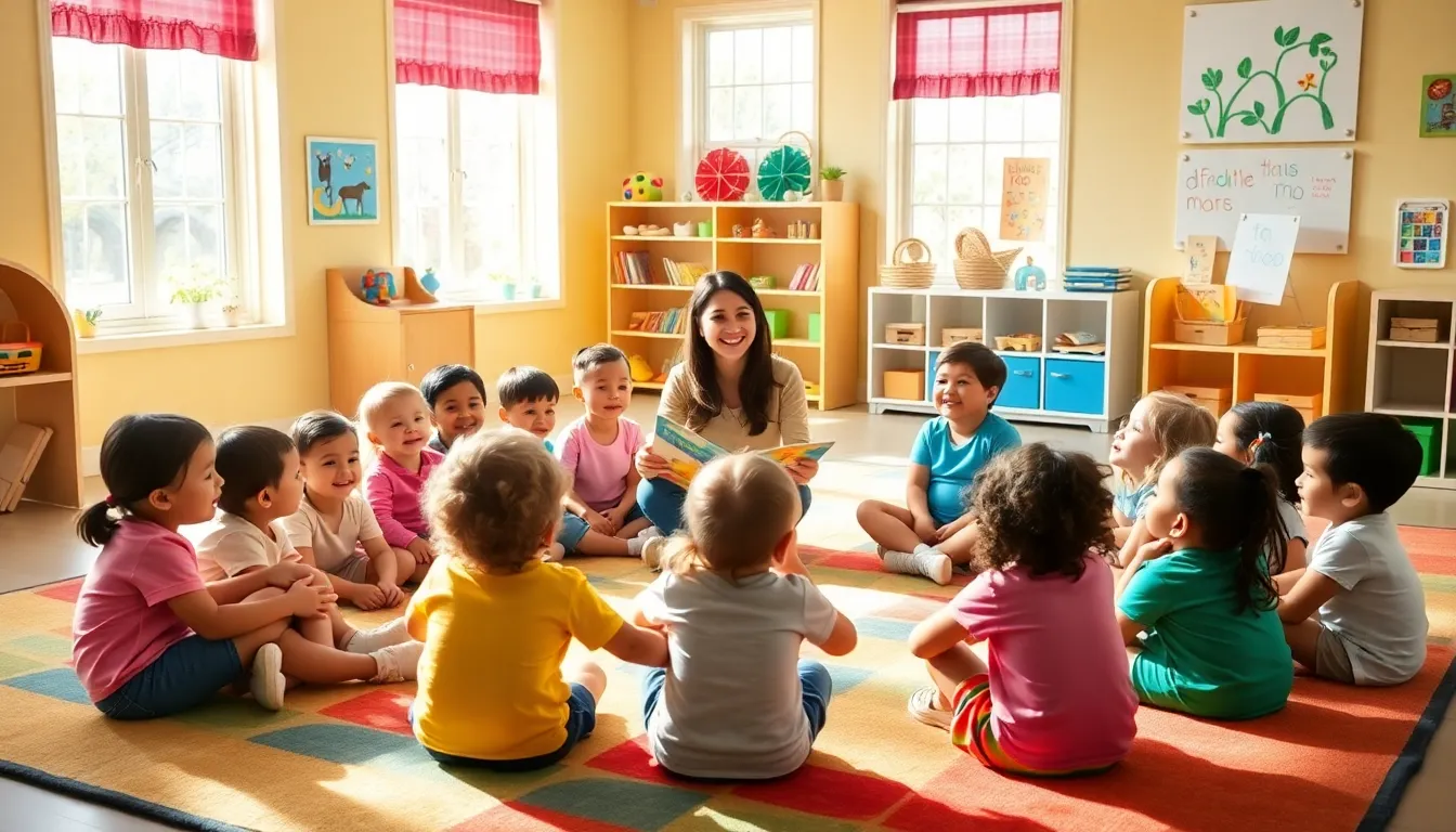 diverse preschool children engaged in circle time with a teacher.