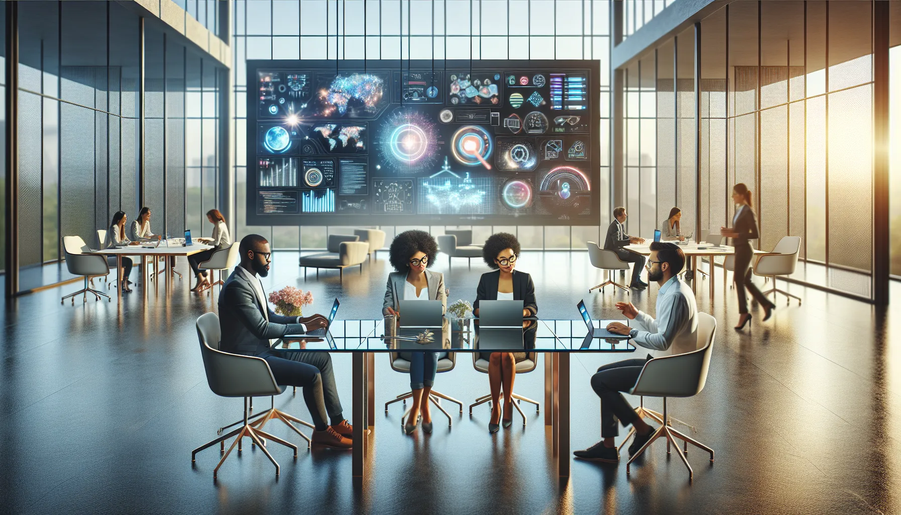 diverse professionals collaborating in a modern office setting.