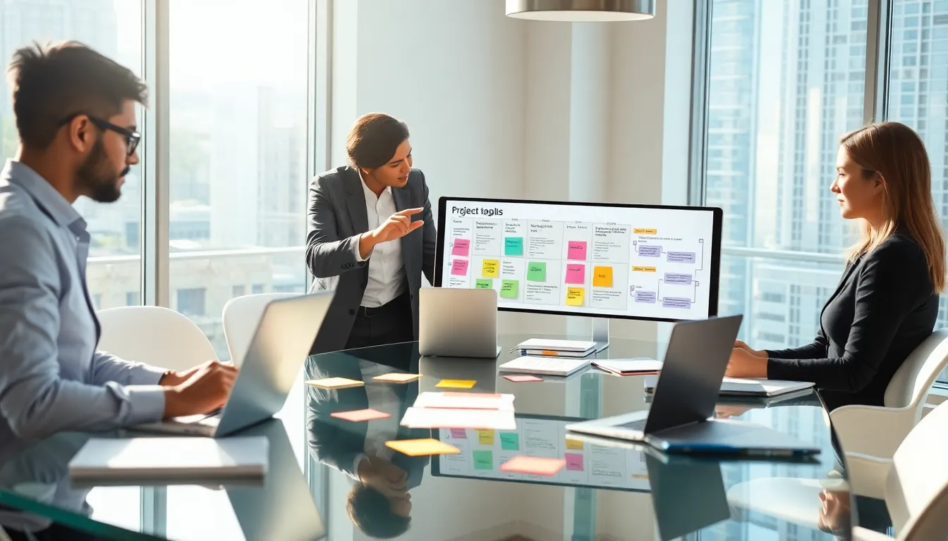 diverse team collaborating on project goals in a modern office.