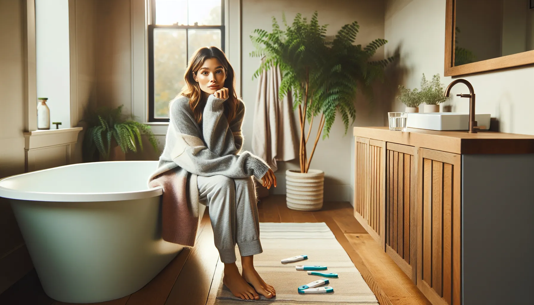a young woman contemplating pregnancy while surrounded by pregnancy tests.