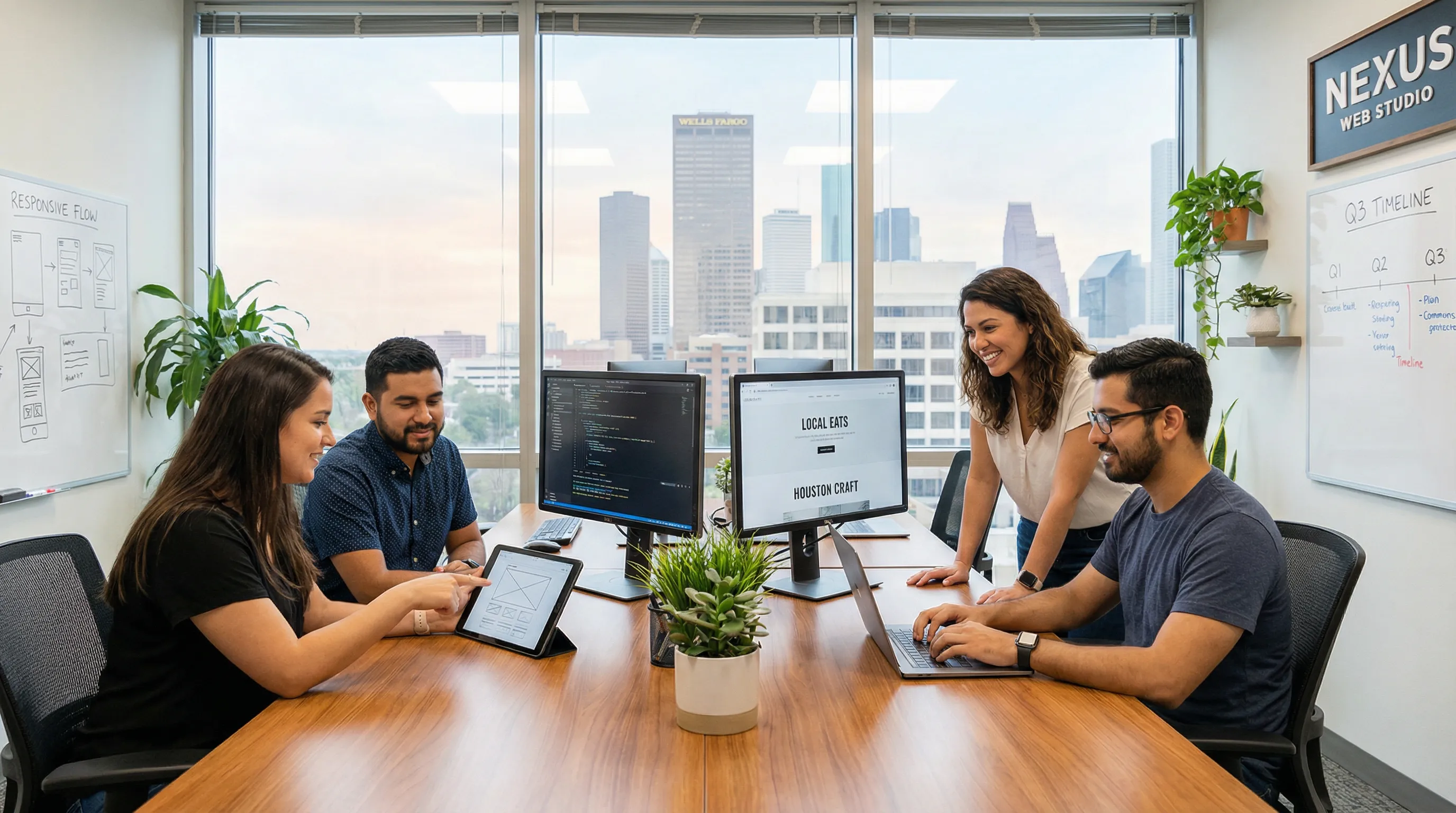 Web development team in a modern Houston studio collaborating around a desk with laptops, monitors showing code and website designs, and a view of the city skyline in the background.