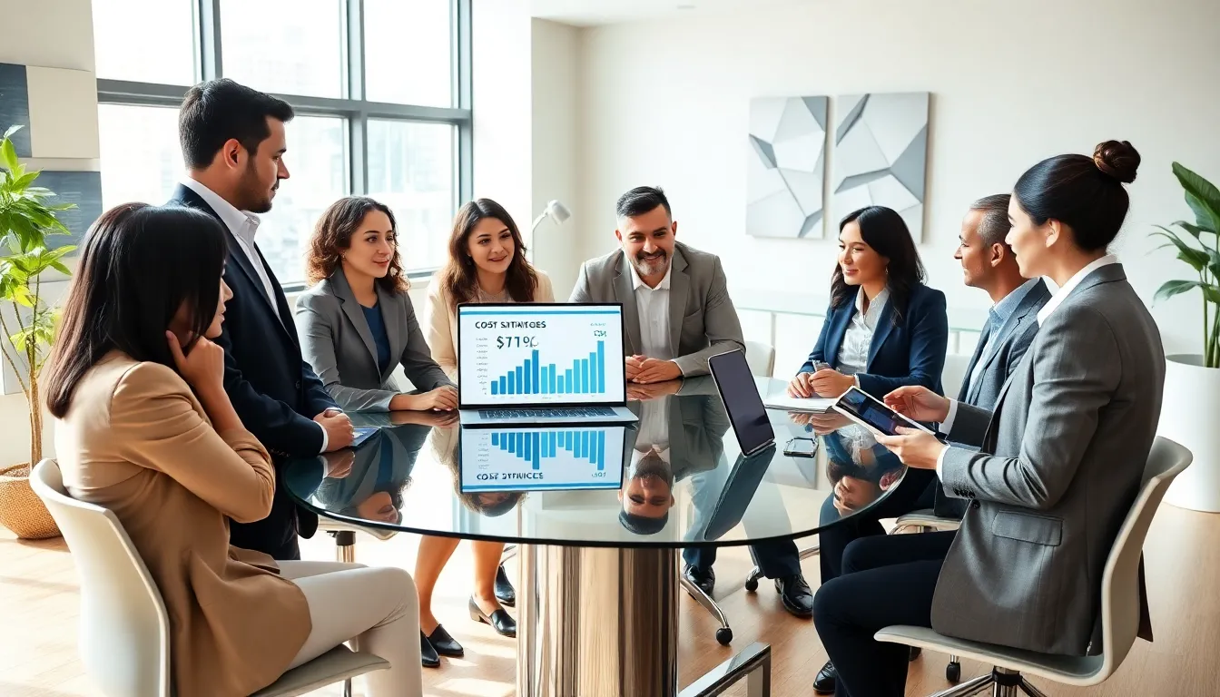 diverse team discussing cost saving strategies in a modern office.