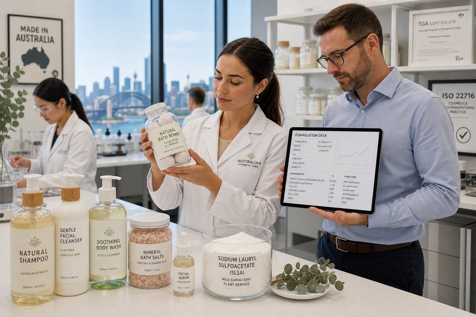 Cosmetic lab with professionals and cosmetic products featuring sodium lauryl sulfoacetate.