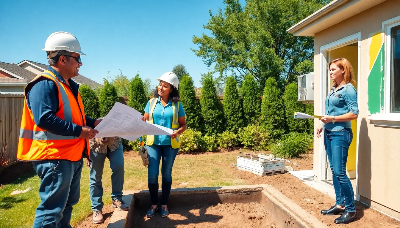 professionals collaborating on a small construction project outdoors.