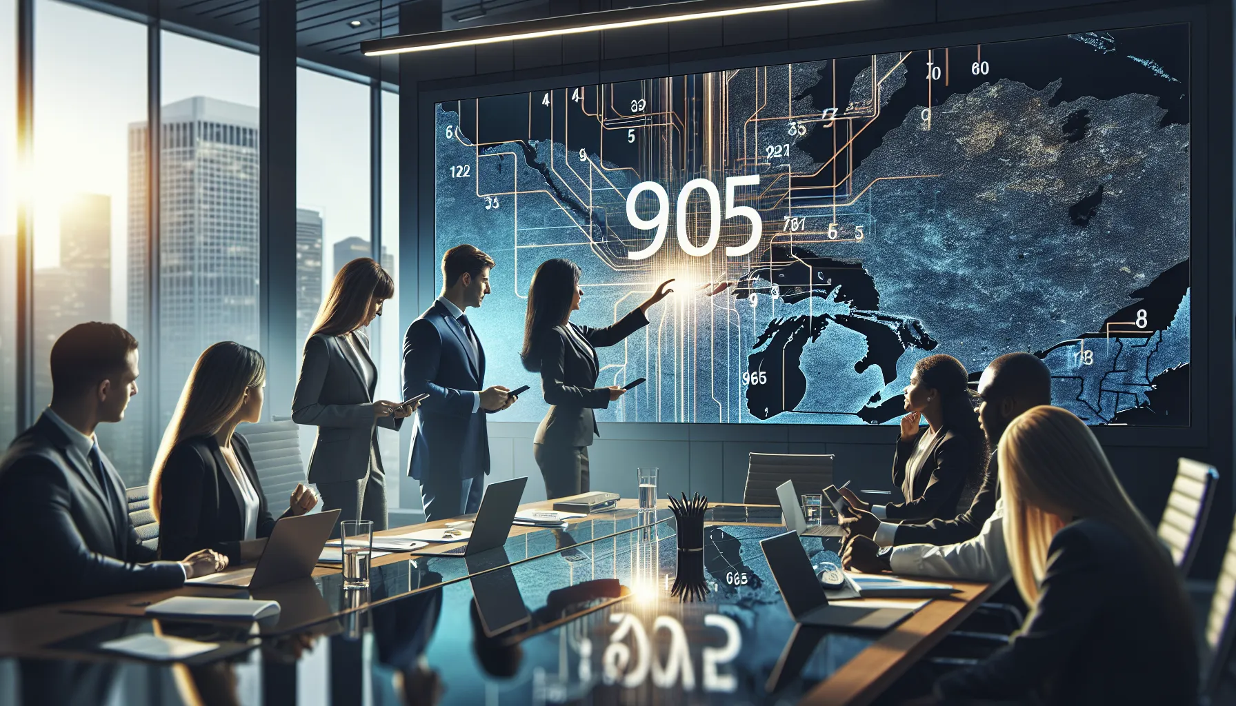 diverse professionals discussing telecommunications in a modern office.