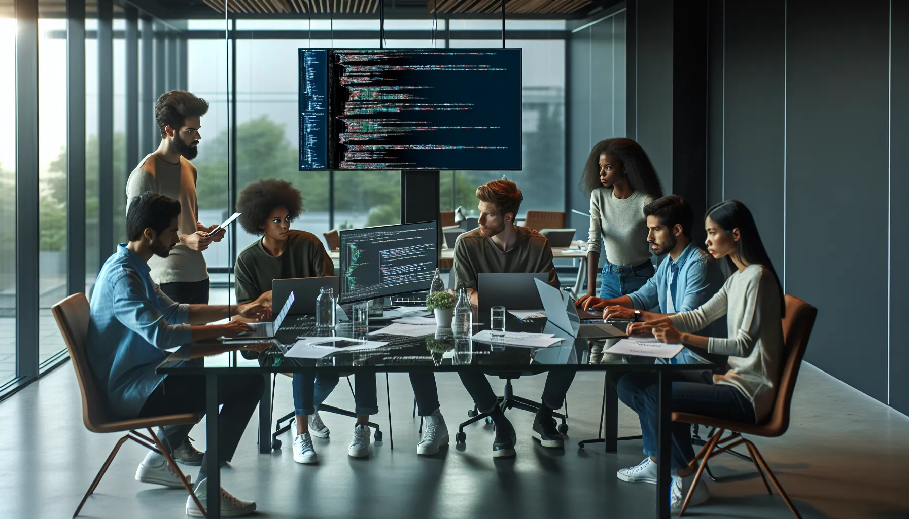 software developers troubleshooting coding issues in a modern office.