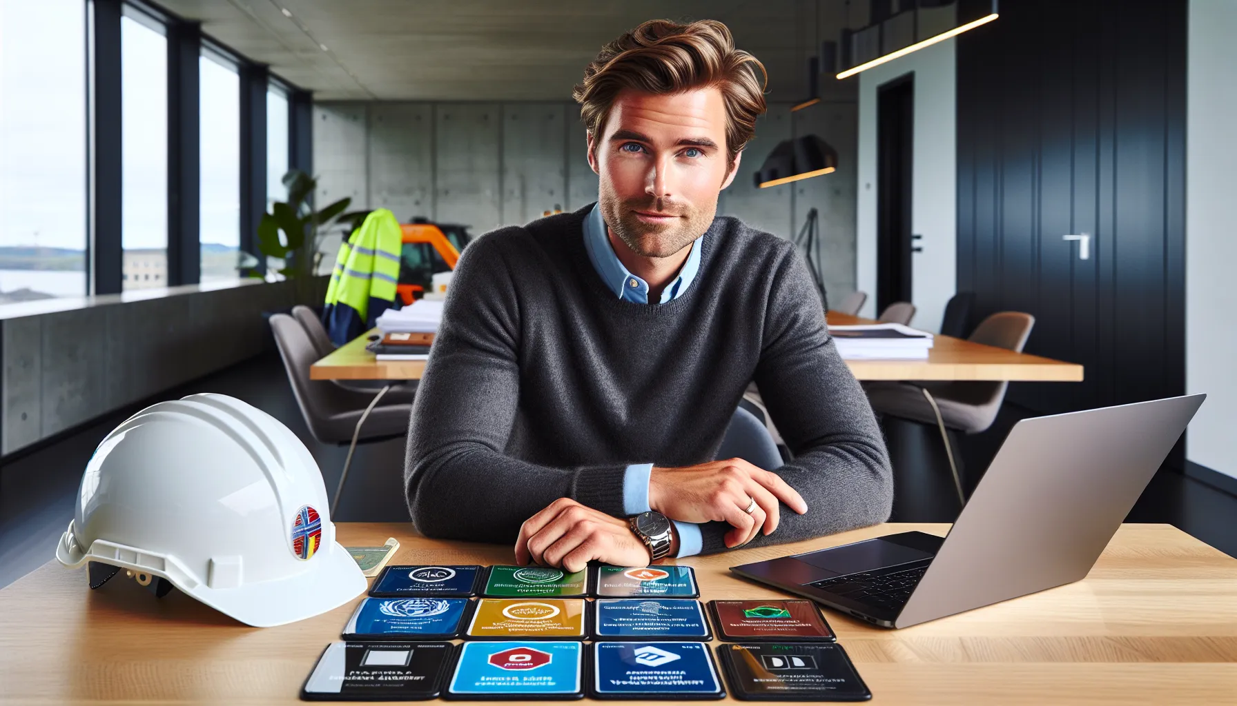 Norwegian professional reviewing top certification badges at a modern oslo office desk.