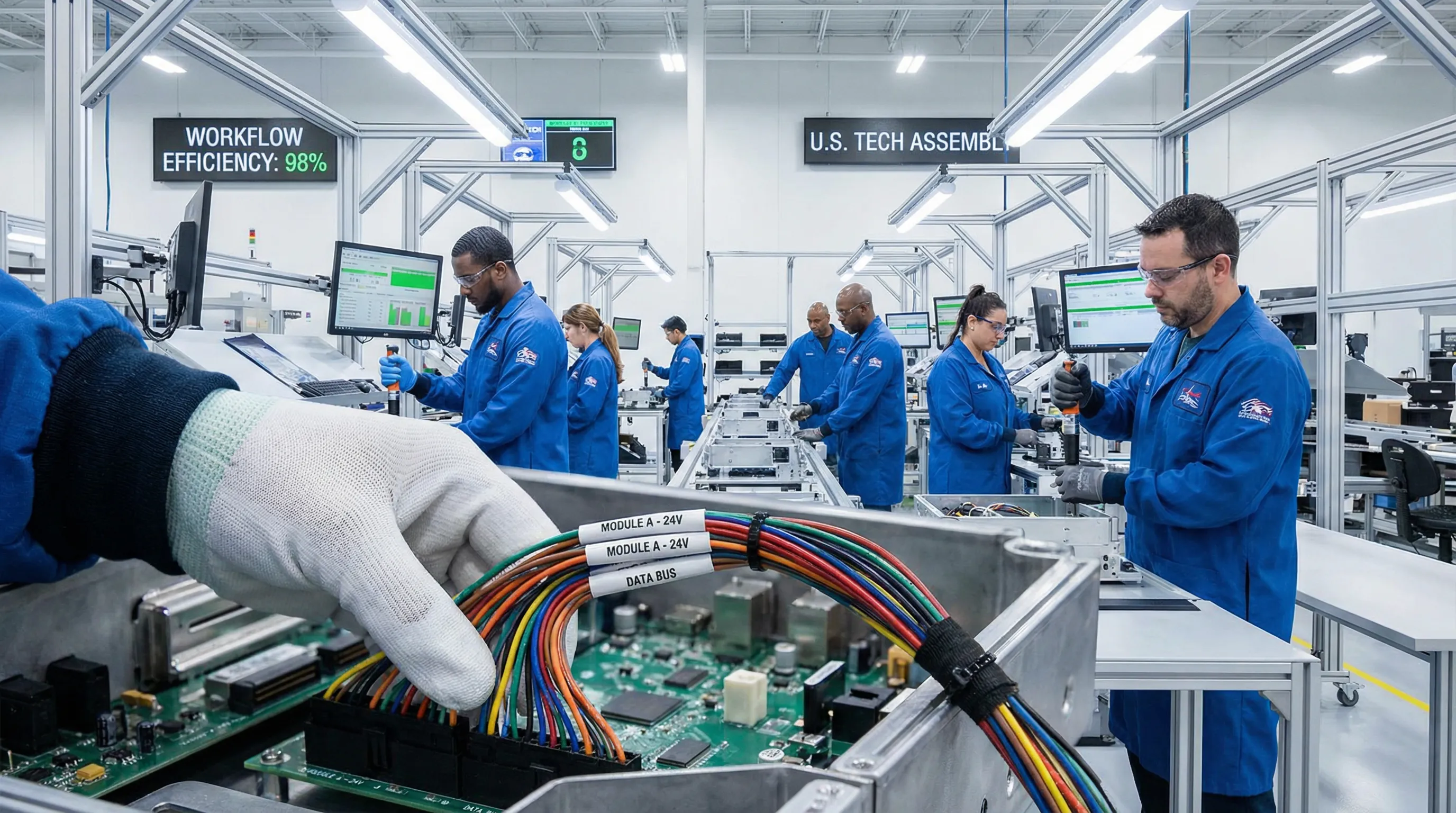 Technicians installing wire harnesses on an assembly line in a modern factory.