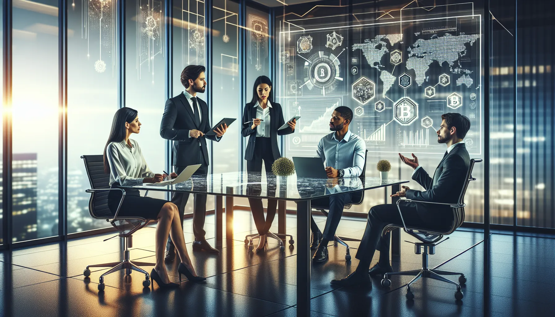 diverse team discussing blockchain technology in a modern office.