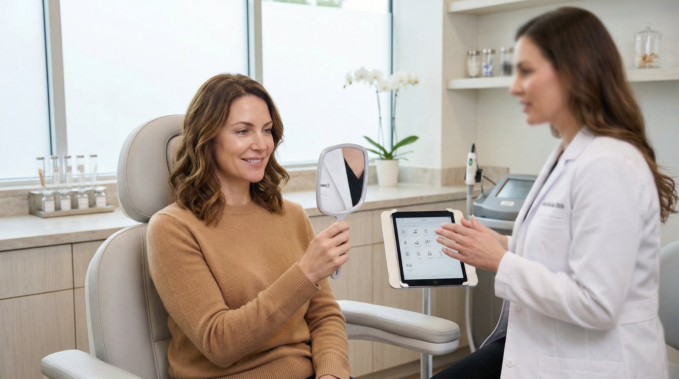 Woman reviewing subtle non-invasive cosmetic treatment results in a modern clinic.