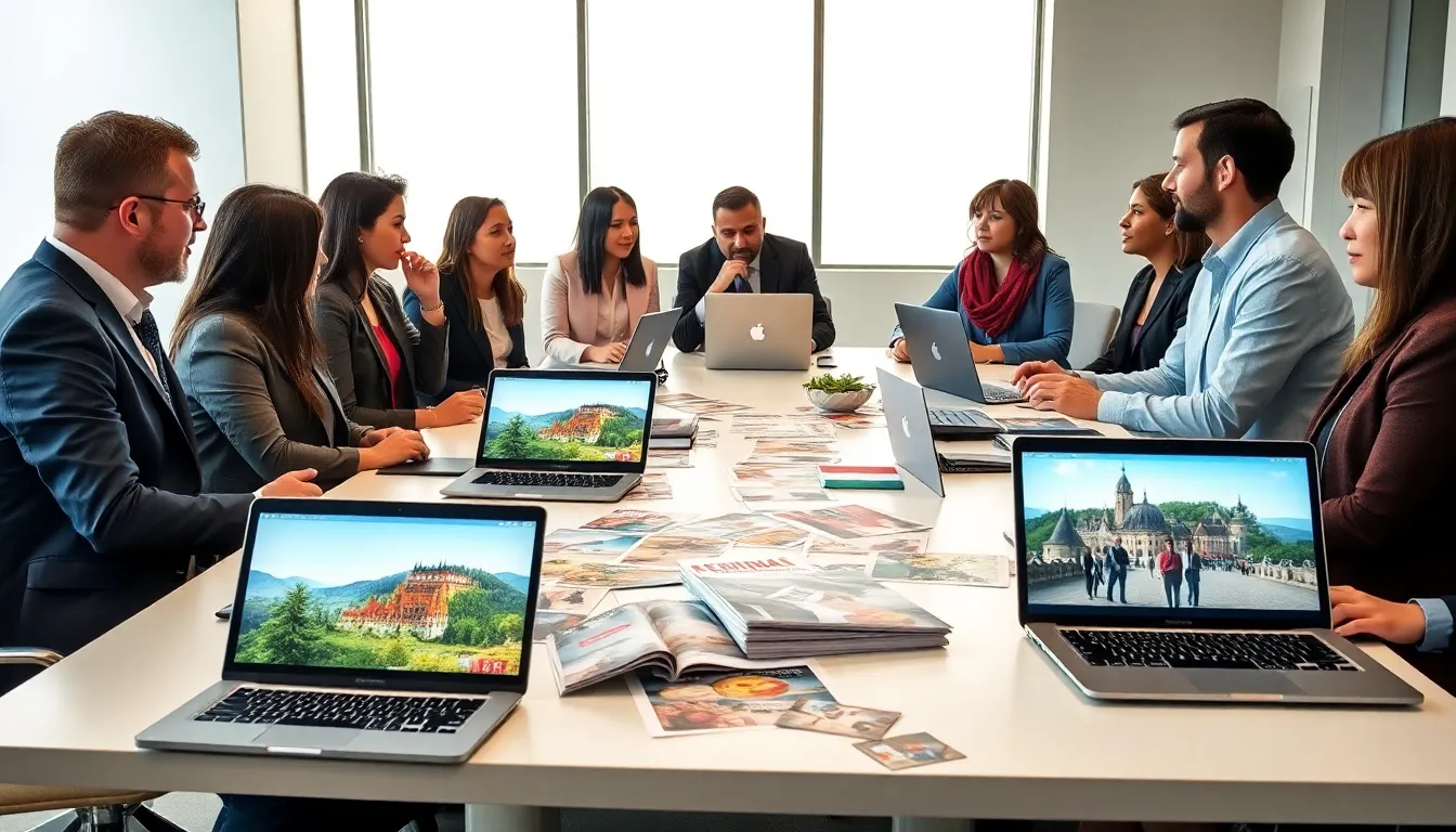 diverse professionals discussing Hungarian culture in a modern office.