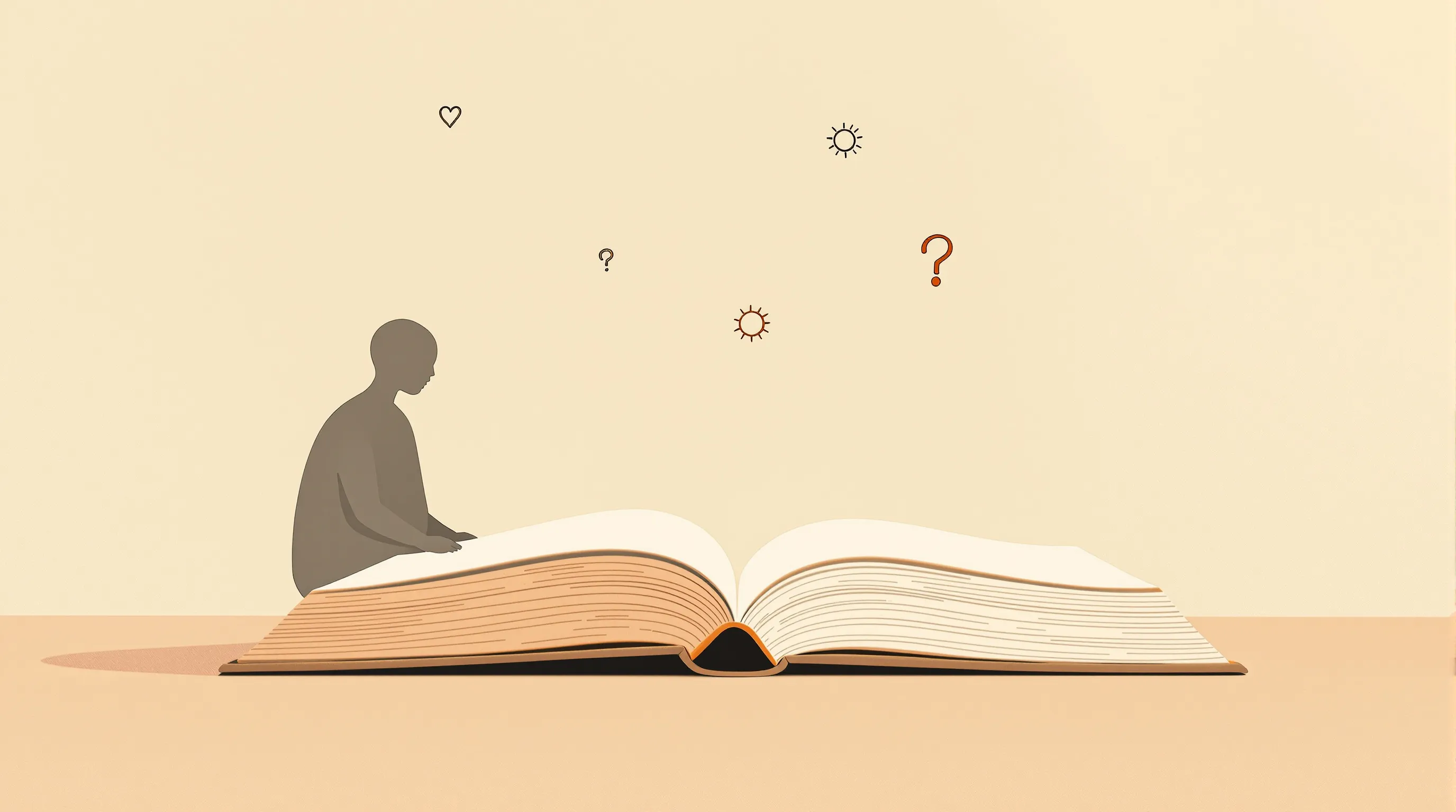 Open book beside contemplative figure silhouette with minimalist life symbols on beige background.