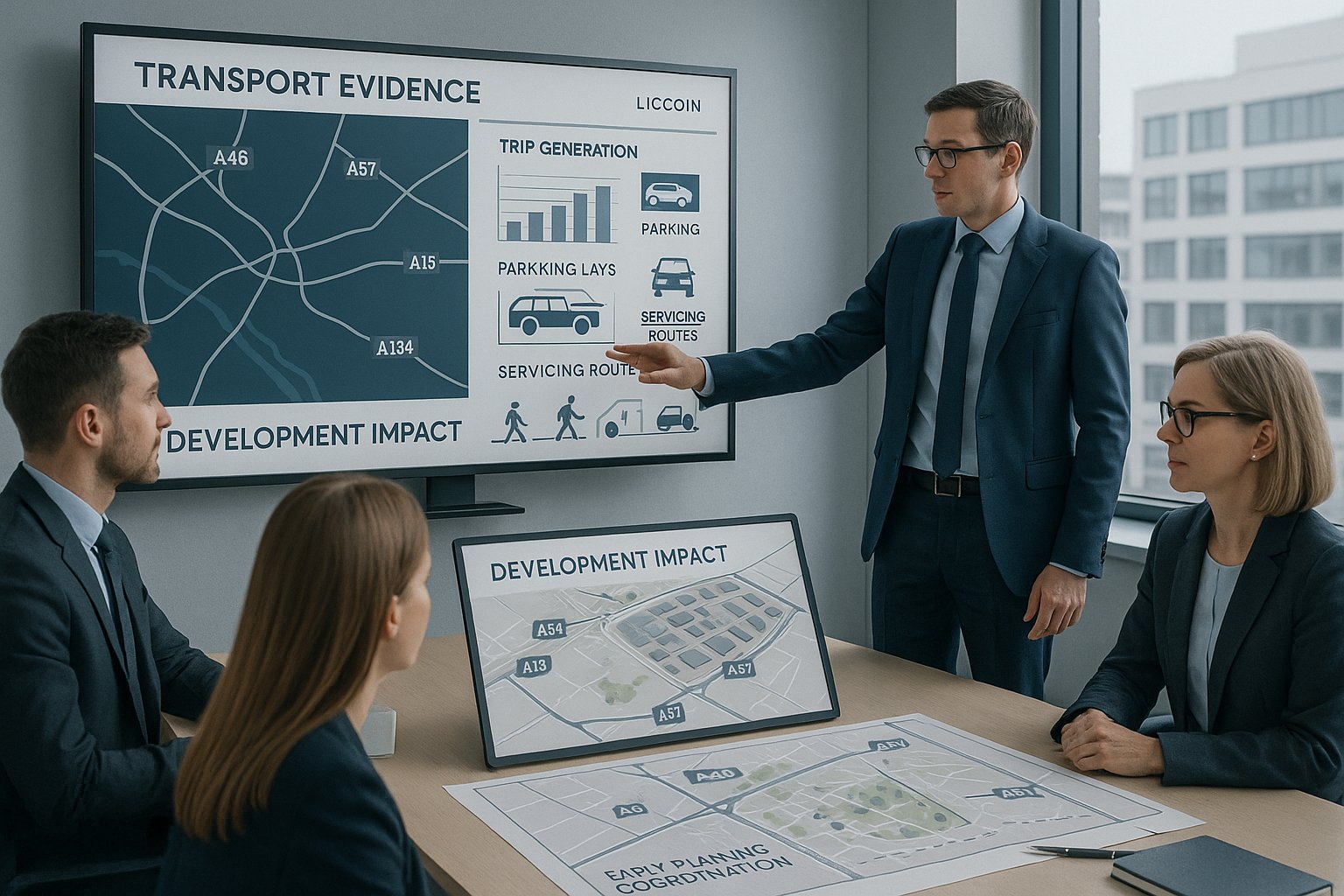 Transport planners reviewing development traffic evidence in a modern Lincoln office.