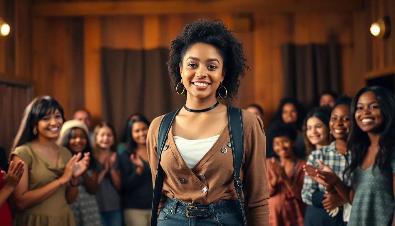 young woman performing on stage with an engaged audience.