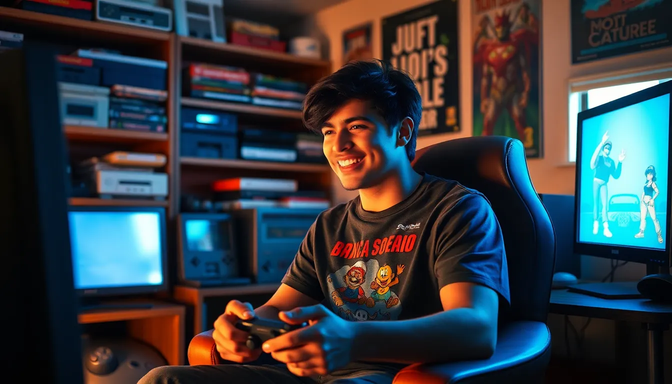 A young man gaming in a nostalgic room filled with retro video games.