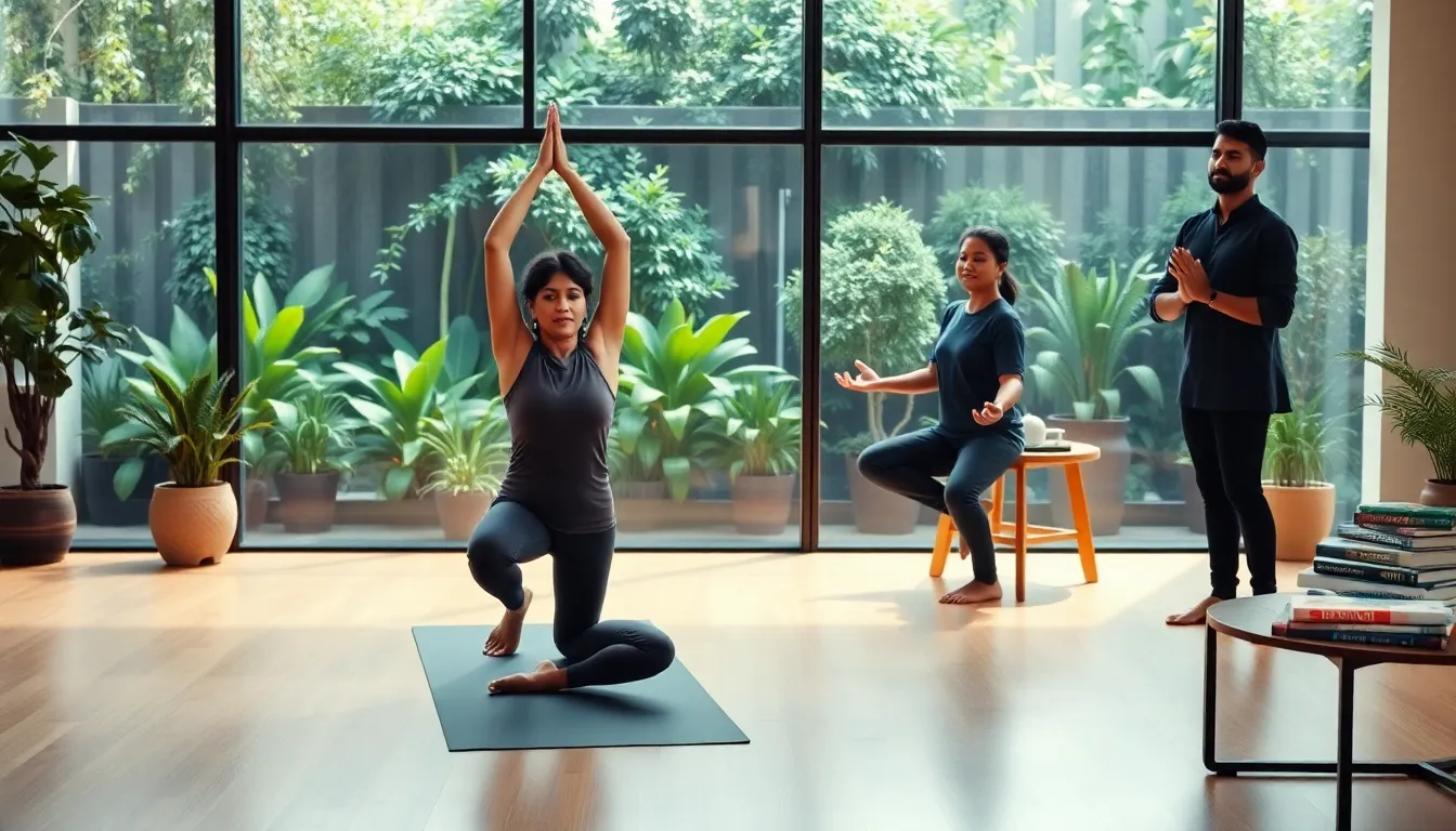 diverse wellness professionals practicing holistic health in a serene studio.