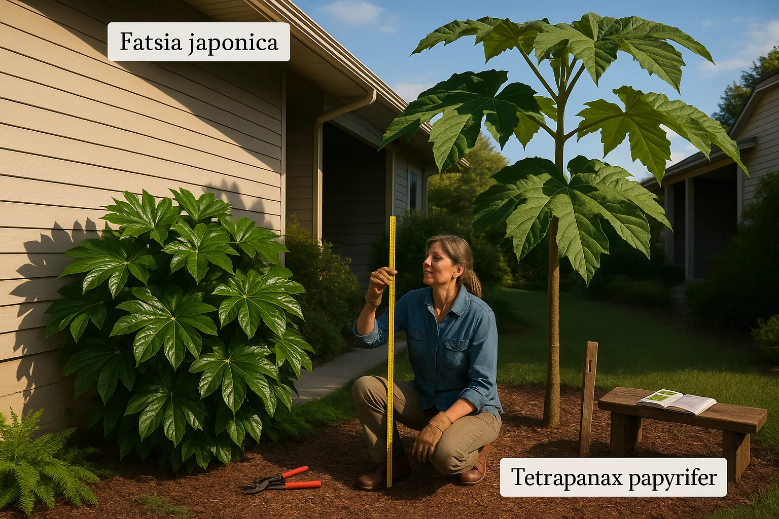 Fatsia shrub beside a tall Tetrapanax showing size and leaf differences.
