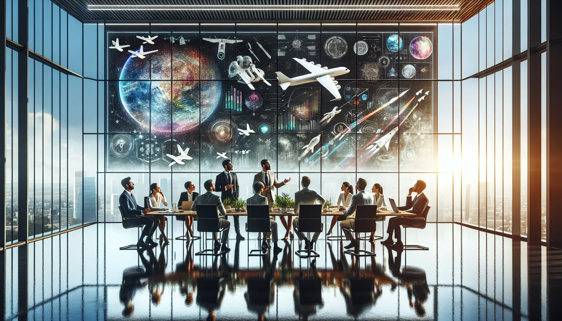 professionals discussing aviation and space trends in a modern office.