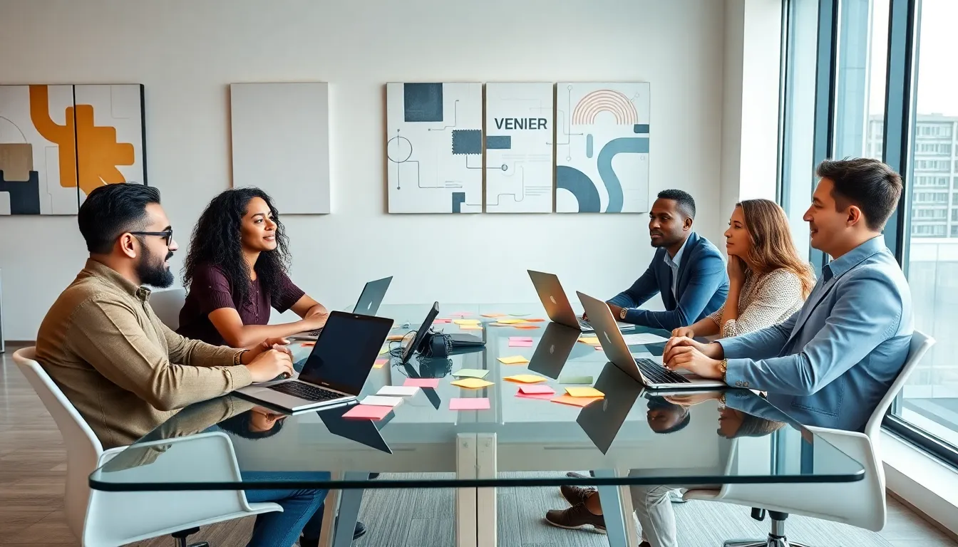 diverse team brainstorming in a modern office about digital media.