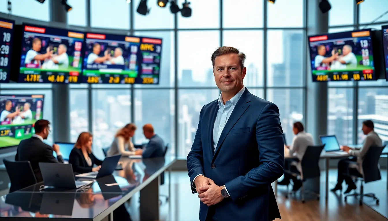 Sports journalist David Jones in a modern newsroom.