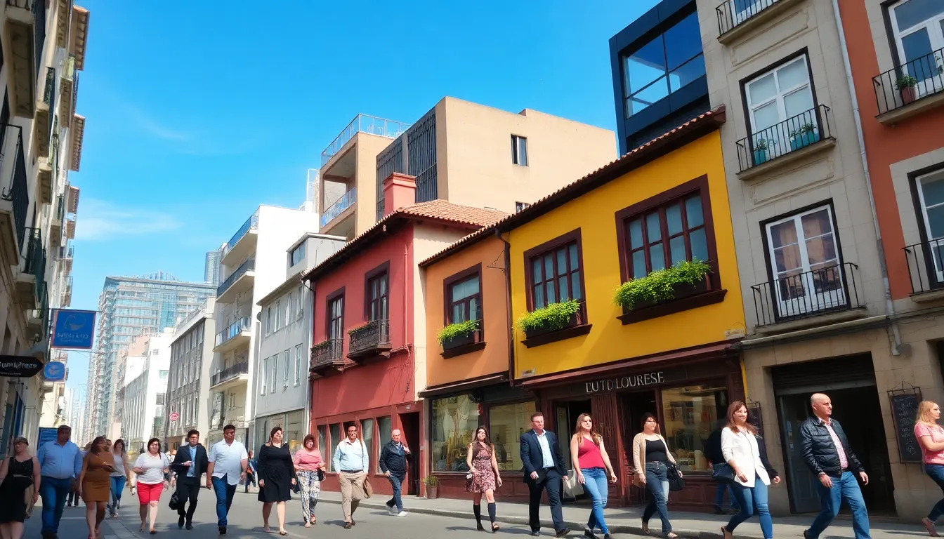 vibrant street scene in Rua69Lourosa with diverse pedestrians.