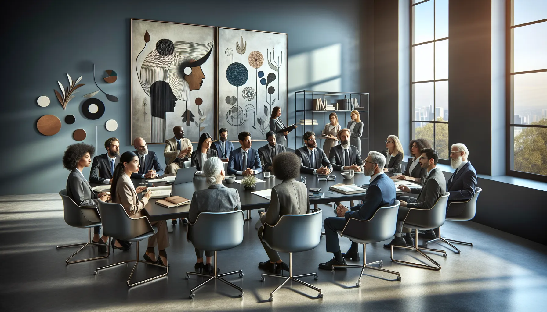 diverse linguists discussing the meaning of &Epsilon;&beta;&theta;&rho;&upsilon; in a modern office.