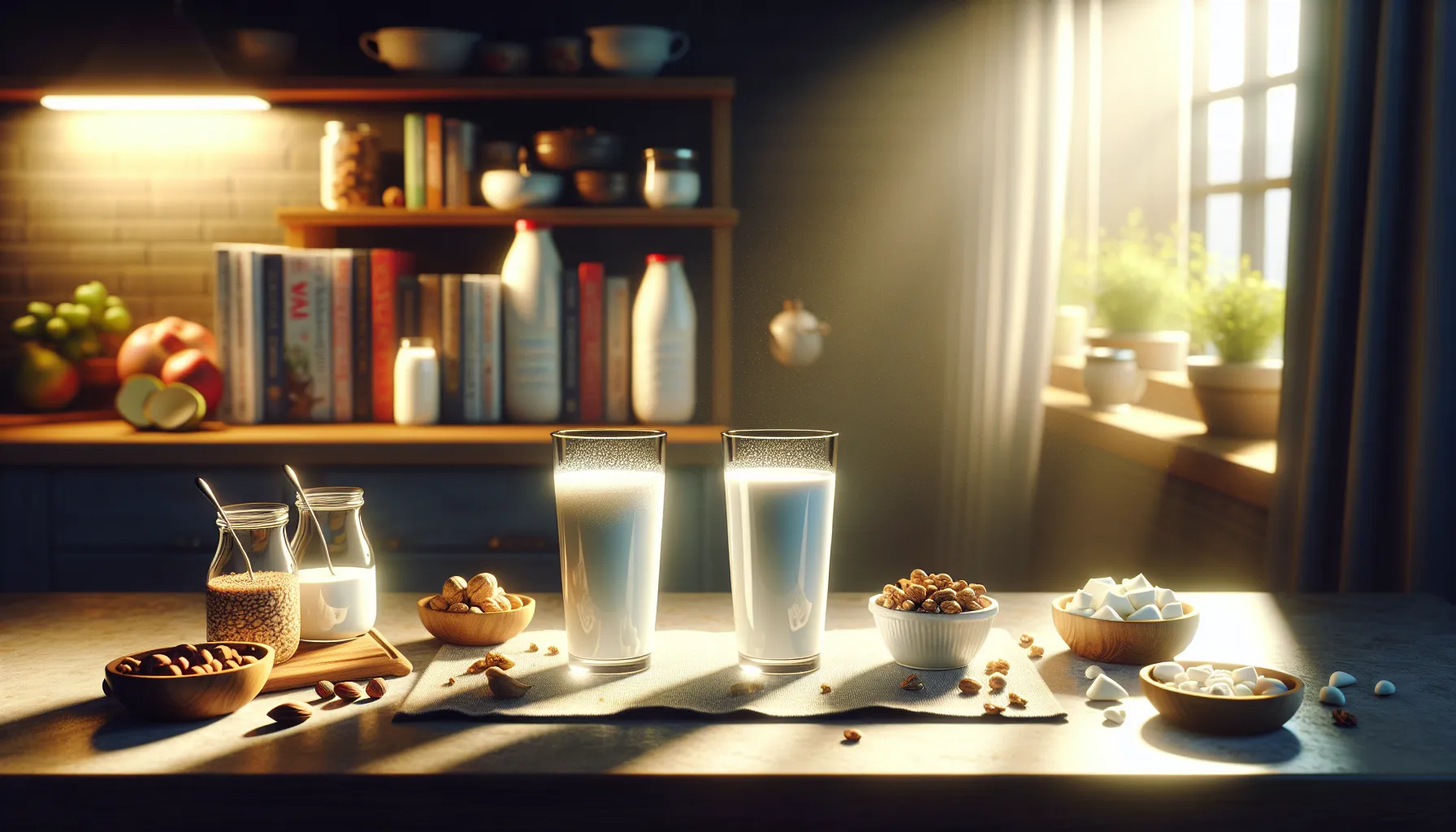 Two glasses of goat and cow milk on a kitchen countertop.