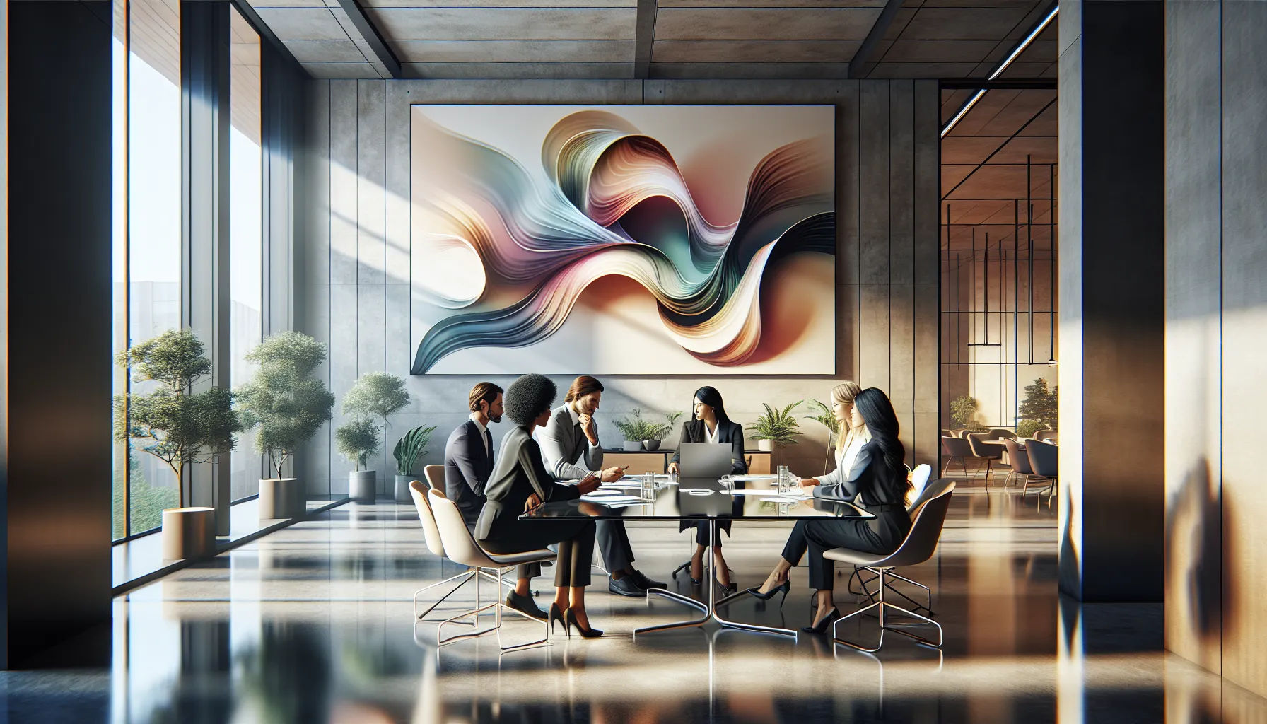 diverse team discussing the concept of Amaira in a modern office.