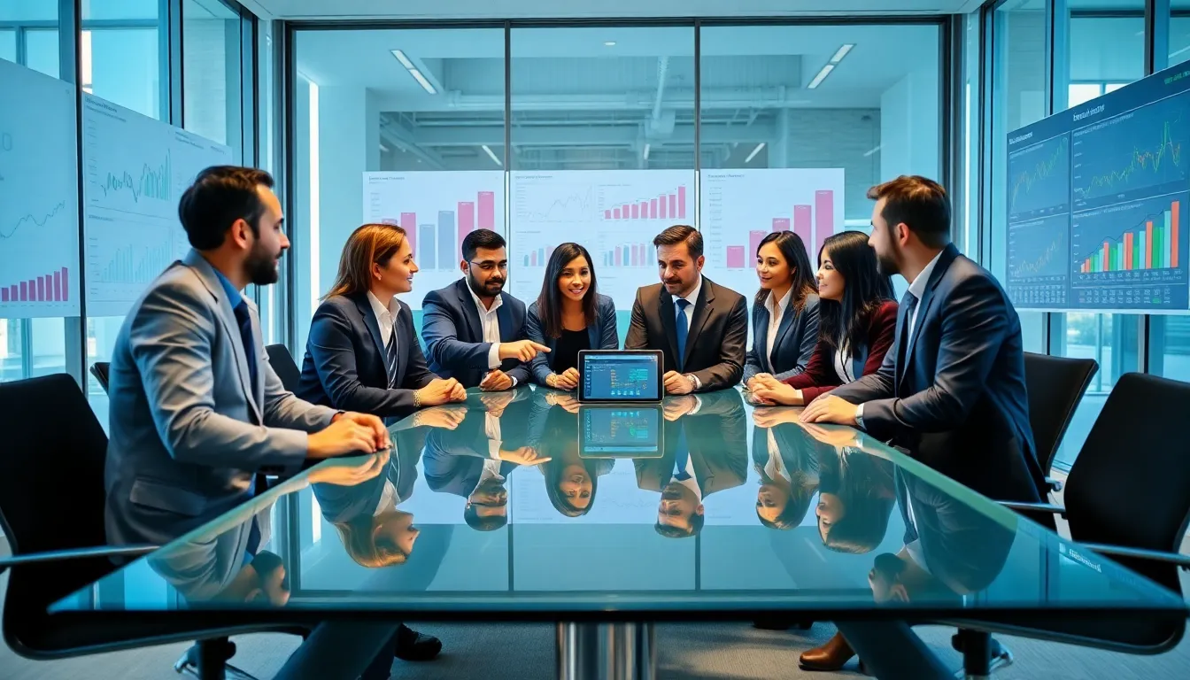 diverse energy brokerage team discussing market strategies in a modern office.