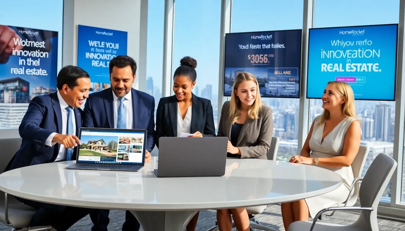 three diverse real estate agents collaborating in a modern office.