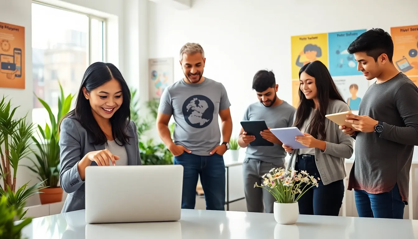 diverse group collaborating in a modern workspace using technology