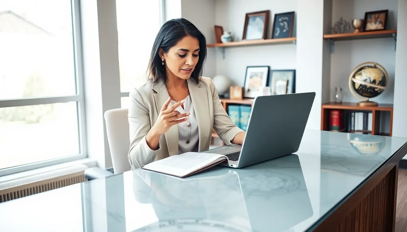Astrologer examining charts in a modern office setting.