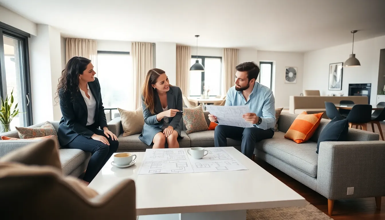 modern living area with professionals discussing furniture placement.