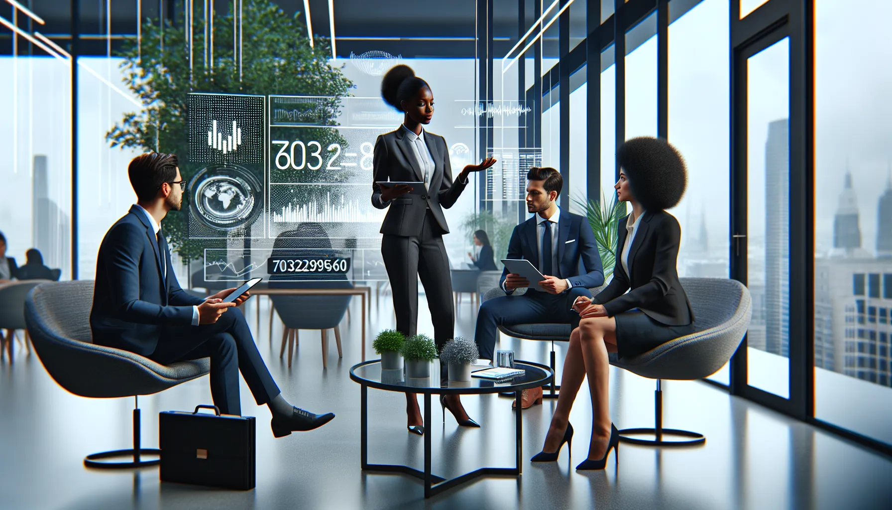 diverse professionals discussing telecommunications and retail in a modern office.