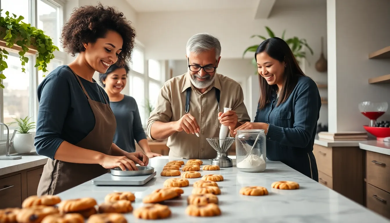 team baking cookies in a bright, modern kitchen.
