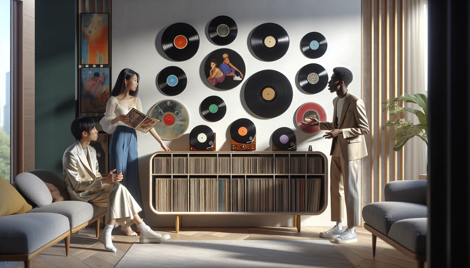 a diverse group discussing NXXXXS vinyl records in a modern living room.
