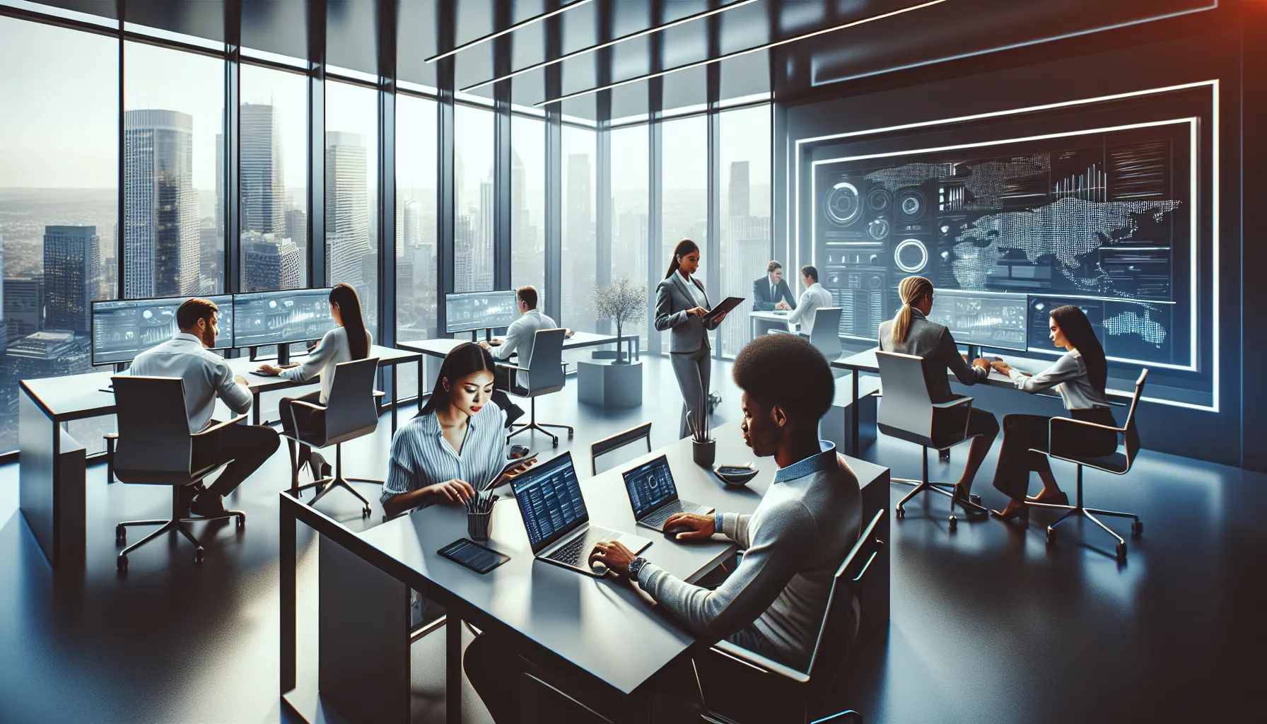 diverse professionals exploring Francamercurio1 in a modern office.