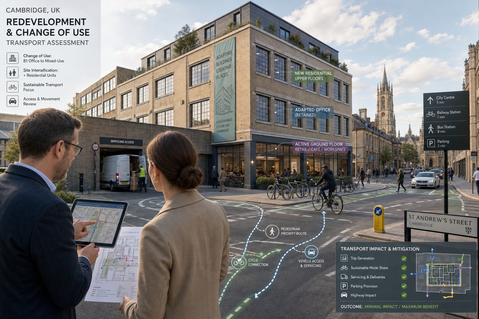 Traffic engineer assessing a Cambridge redevelopment site with access and cycle planning.