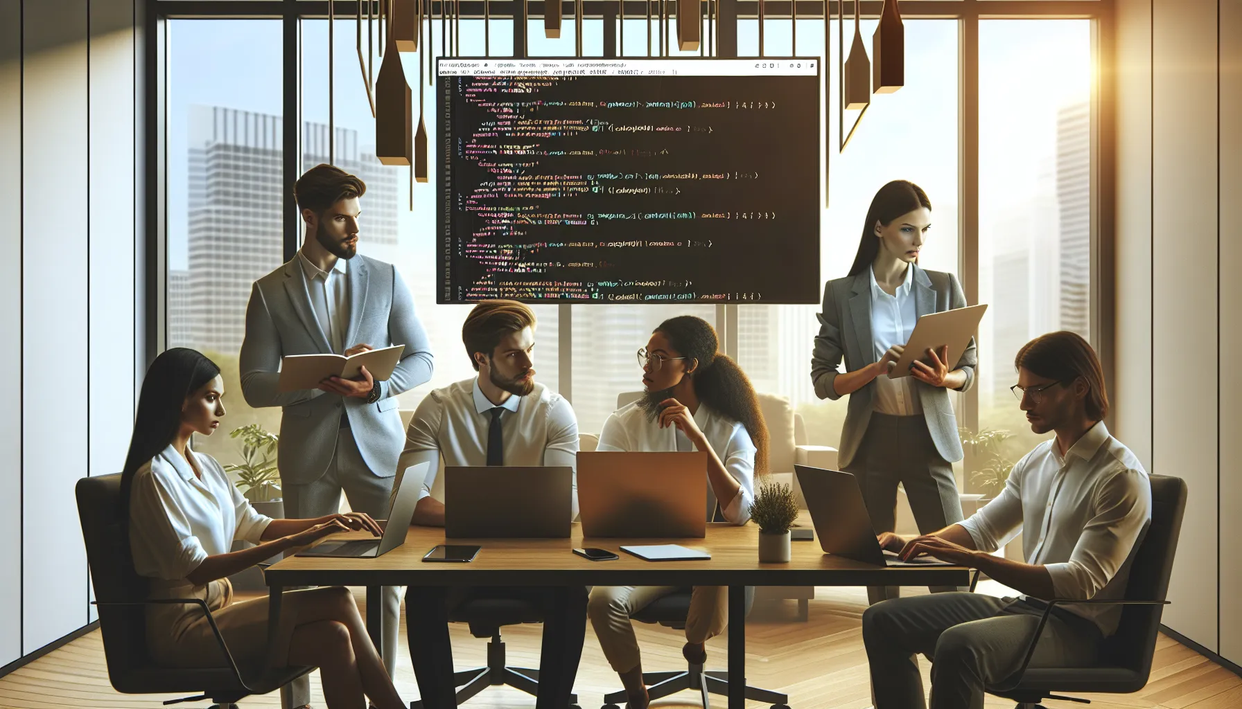 diverse developers collaborating on debugging Python code in a modern office.