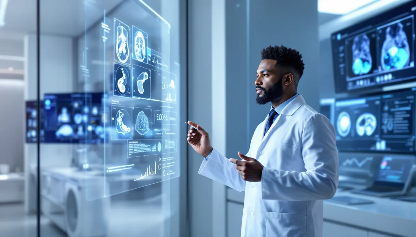 Physician reviewing AI-powered diagnostic imaging and patient data in modern clinical setting.