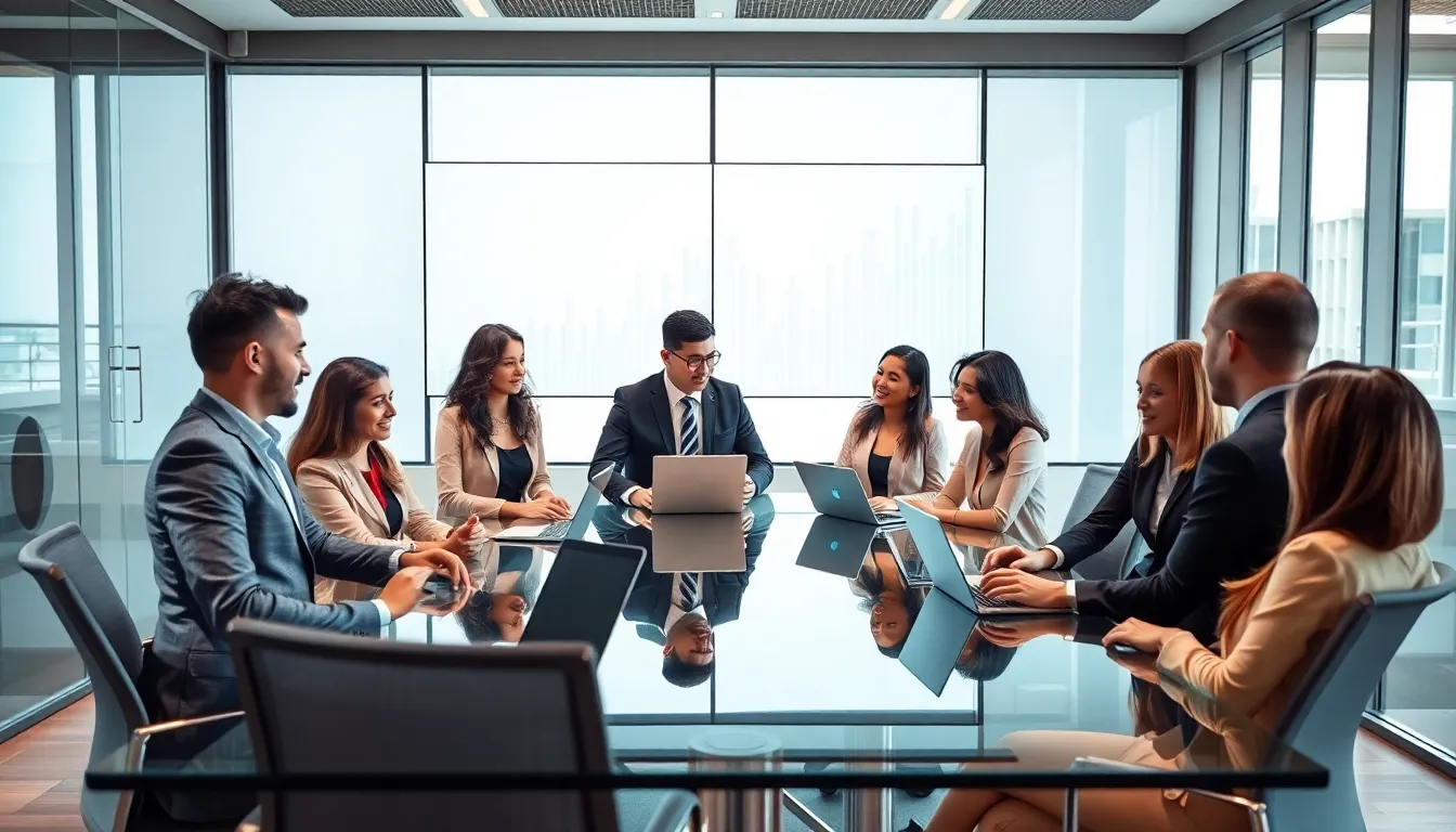 diverse team discussing finance in a modern office.