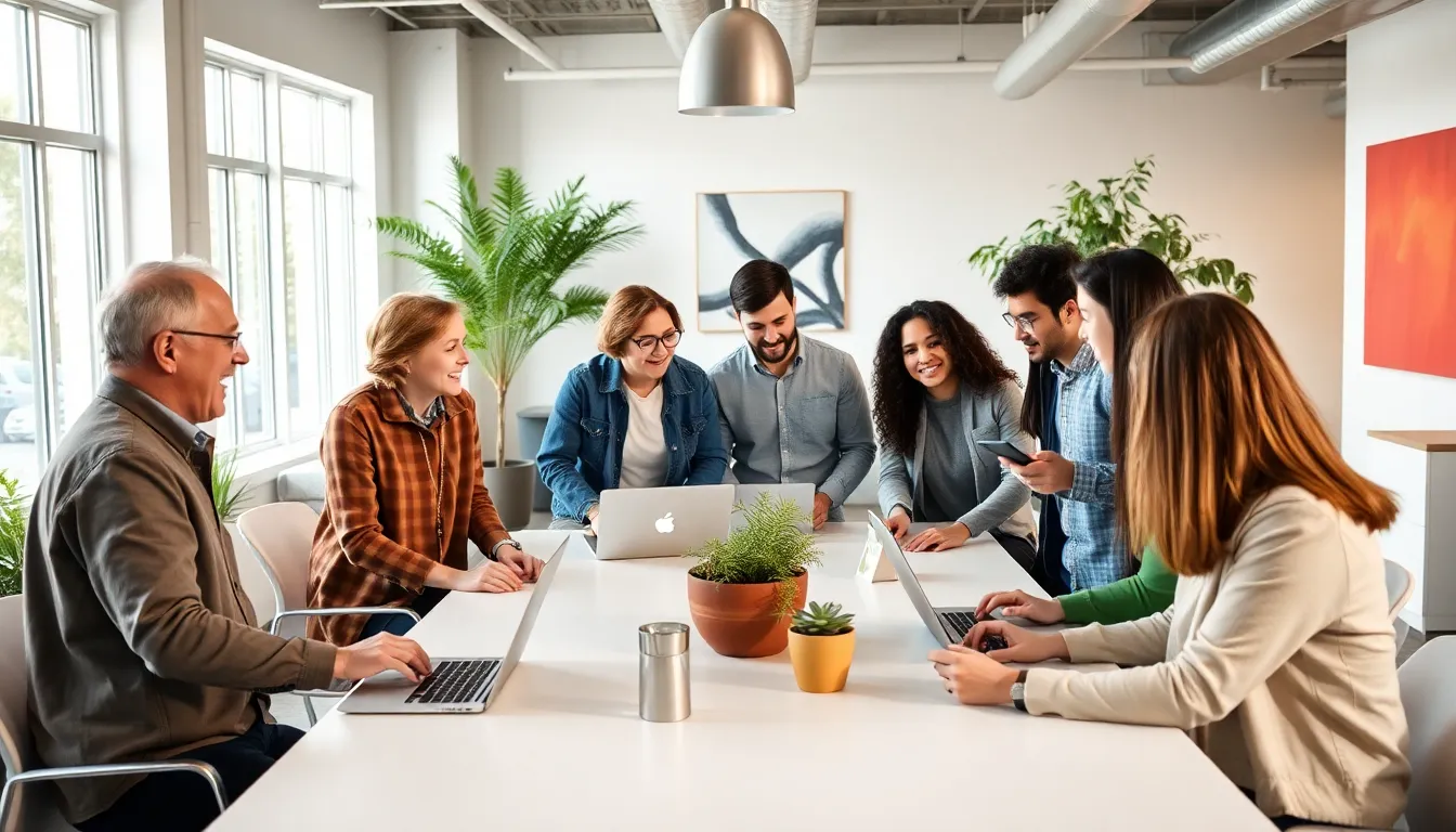 diverse group collaborating in a modern workspace.