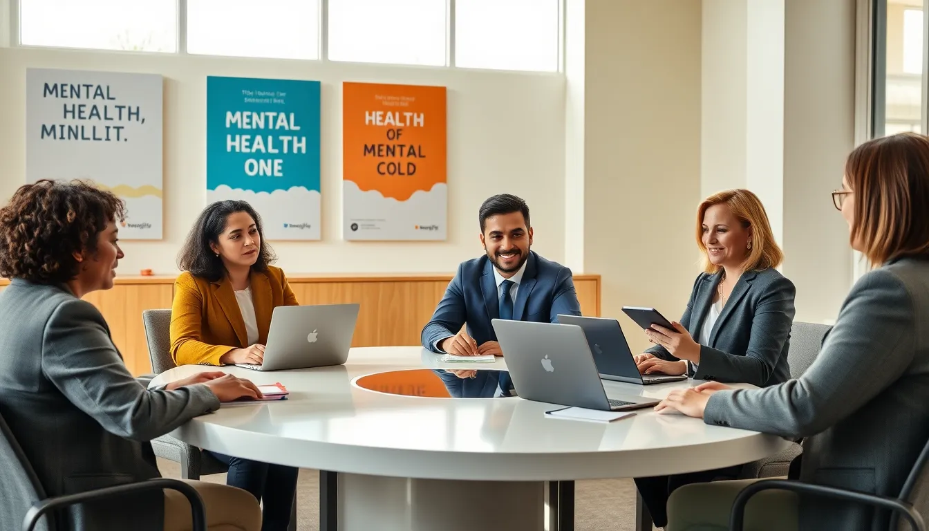diverse professionals discussing mental health in a modern community center.